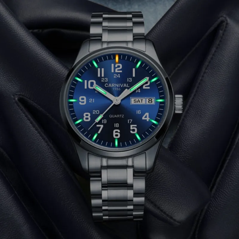 CARNIVAL New Fashion Tritium gas светящиеся часы мужские топ бренд Роскошные Кварцевые