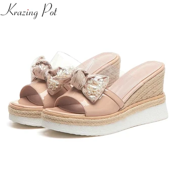 

Krazing Pot genuine leather mules butterfly-knot peep toe plastic PVC slip on high heels fairy design platform jelly sandals l45