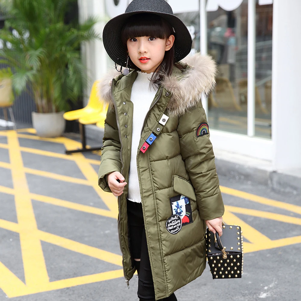 

Children down jacket long thick coat teen girls Korean kids clothing large fur collar hooded outerwear for 6 8 10 12 14 years