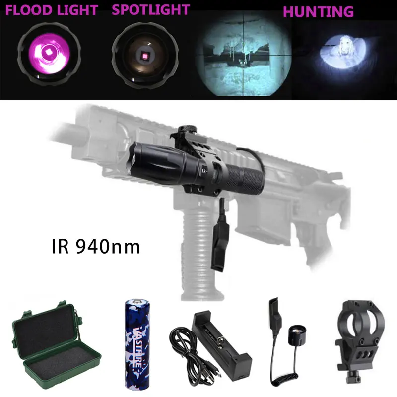 

IR 940 nm Zoomable LED Hunting Light Night Vision Infrared Radiation flashlight+Mount+18650 Battery+Pressure Switch+usb charger