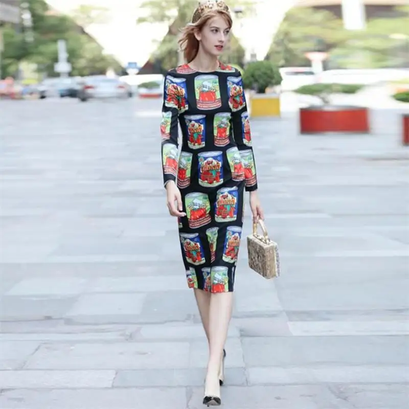 

Women Dress 2019 High Quality Spring Designer Runway O-Neck long Sleeve Printed Back-split Elegant Pencil Dresses NP0054N