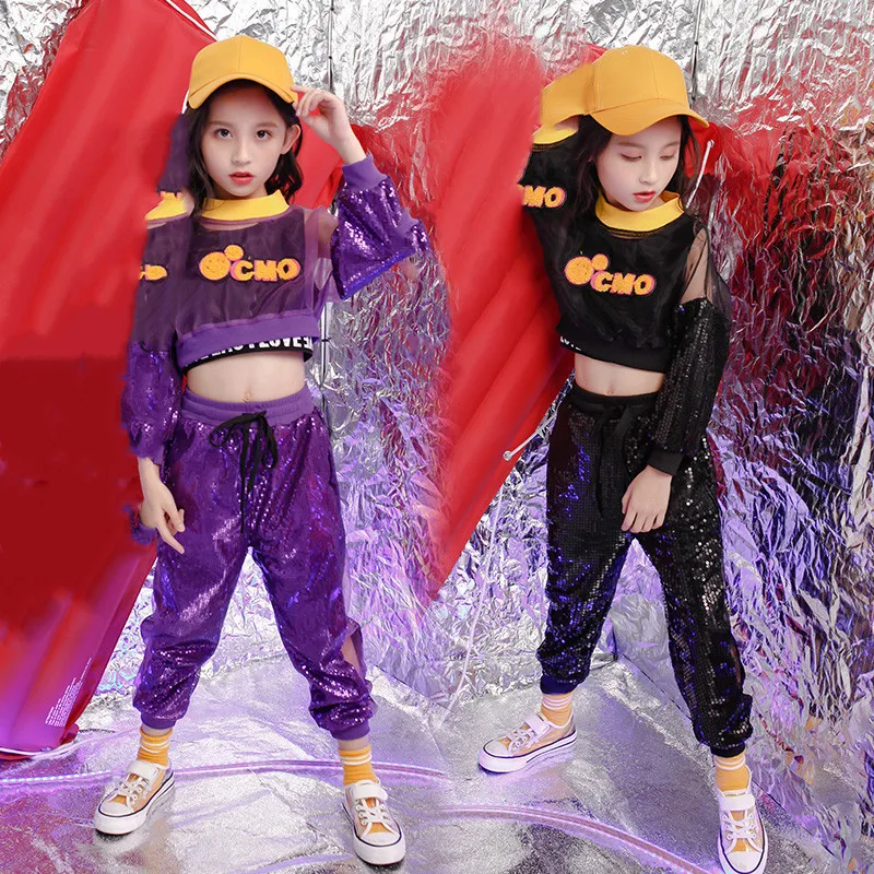 Детская одежда в стиле хип-хоп с блестками для девочек, толстовка с капюшоном, укороченный топ, топы, рубашка, штаны, Джазовый танцевальный бальный костюм, Одежда для танцев