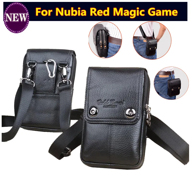 

Double Pockets Genuine Leather Pouch Belt Hook Loop Phone Case Cover For ZTE Nubia Red Magic Game Mobile Phone 6" Fanny Pack