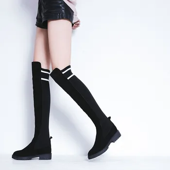 

YMECHIC Black Elastic Thigh High Boots Knitting Cow Suede 2019 Autumn Winter Over The Knee Women Black Long Knight Riding Boots