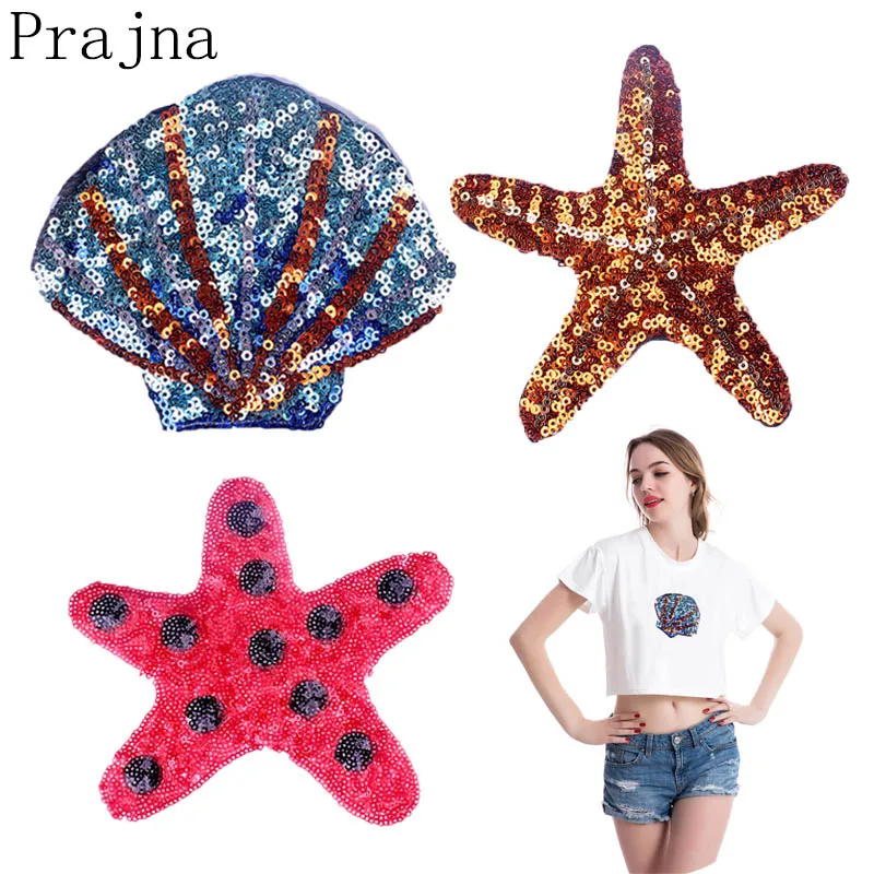 

Prajna Seashell Patch Iron On Starfish Patches Fashion Sequins Patch Cheap Embroidered Patches For Clothes Applique Decor DIY