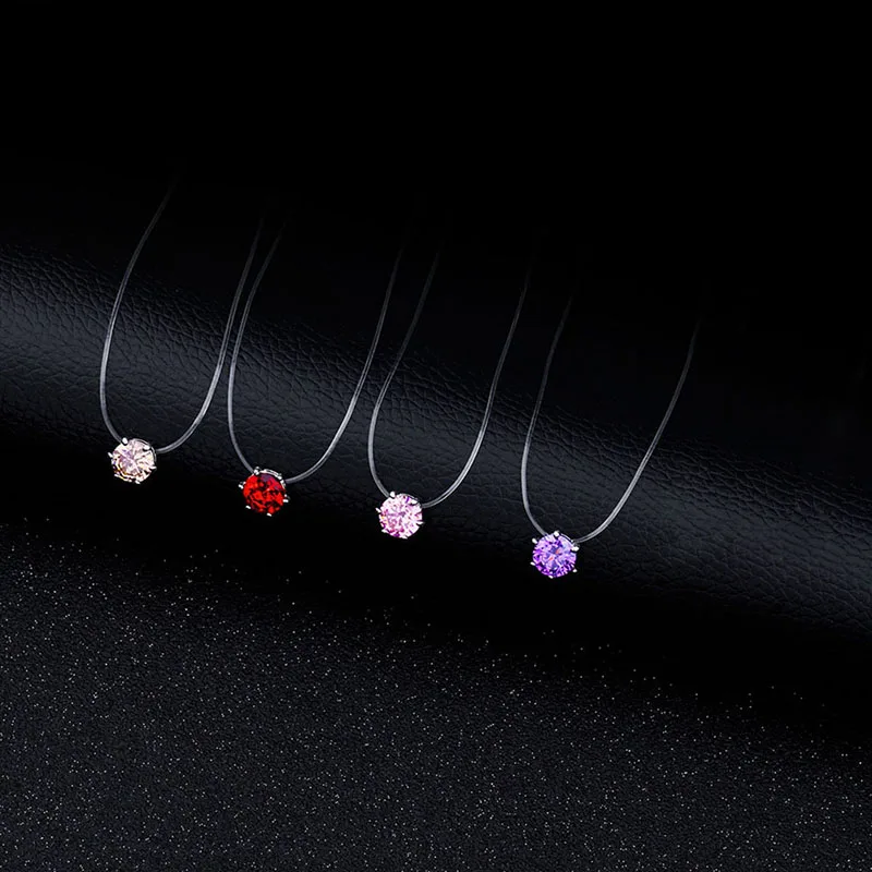 

Cz Stone Crystal Zircon Necklace For Women Fashion Square 6 Claw Invisible Transparent Fishing Line Chain Necklace For Women