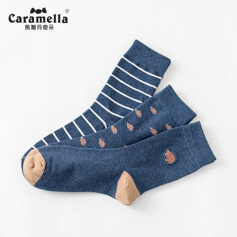 3 Pairs/Lot Caramella Men's Socks Cotton Crew Socks Mid-Calf Length Jacquard Embroidery Animal Pattern