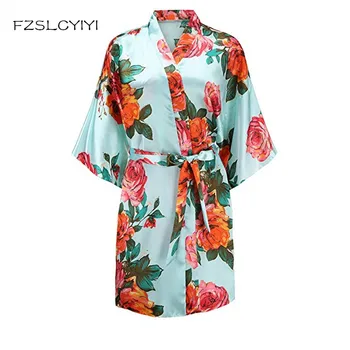 

FZSLCYIYI Print Women Home Dress Bride Bridesmaid Wedding Dressing Gown Sexy Sky Blue Robe Kimono Bathrobe Satin Nightwear