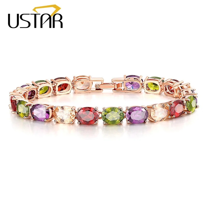 

USTAR Colorful Oval Zircon Charm Bracelets for women Rose Gold color Chain Link Crystals bangle & bracelet femme Wedding Jewelry