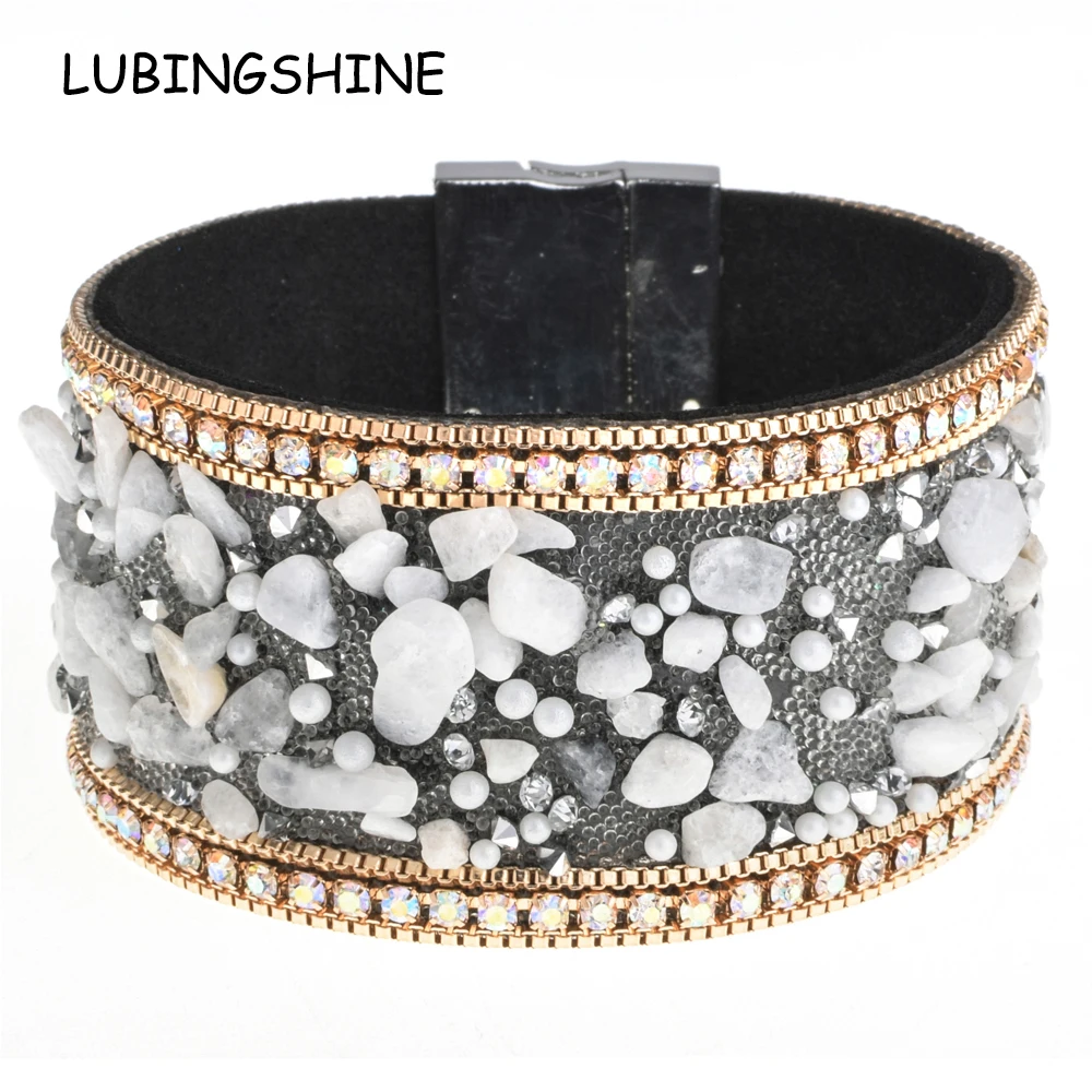 

Bohemian Leather Wide Bracelets&Bangles Women Girls Handmade Men Crystal Stone Wrap Bracelet Wristband Party Jewelry Gift