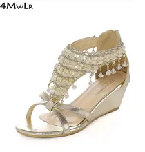 2016 summer girl woman open toe wedge low heel sandals beading strappy tassel fringe sandals wedding bridal flip flops silver