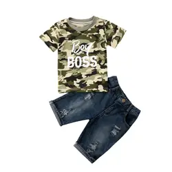 Модная камуфляжная летняя одежда для маленьких мальчиков хлопковые камуфляжные безрукавки, футболка Топ, джинсовые штаны, шорты комплекты