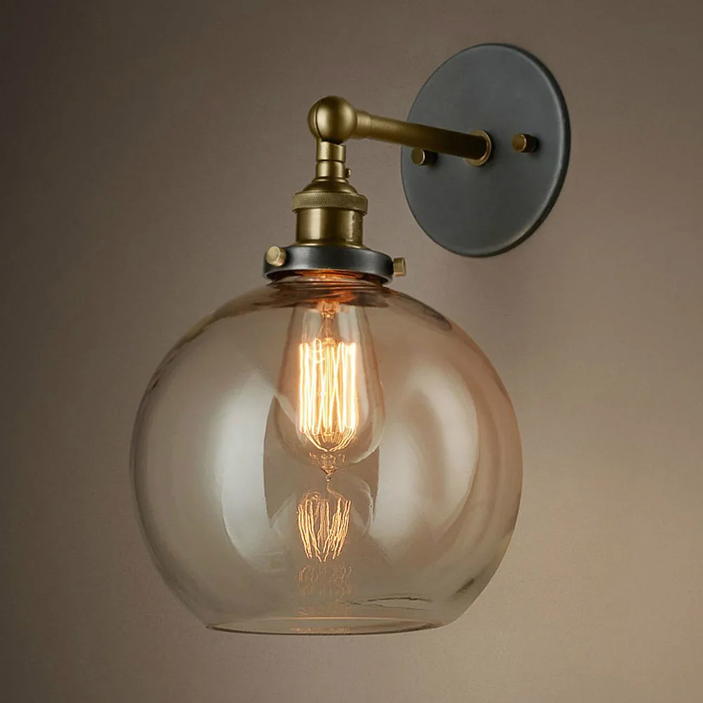 

European vintage amber color glass ball wall lamp home deco DIY loft industrial E27 bulb brass iron wall sconce lighting fixture