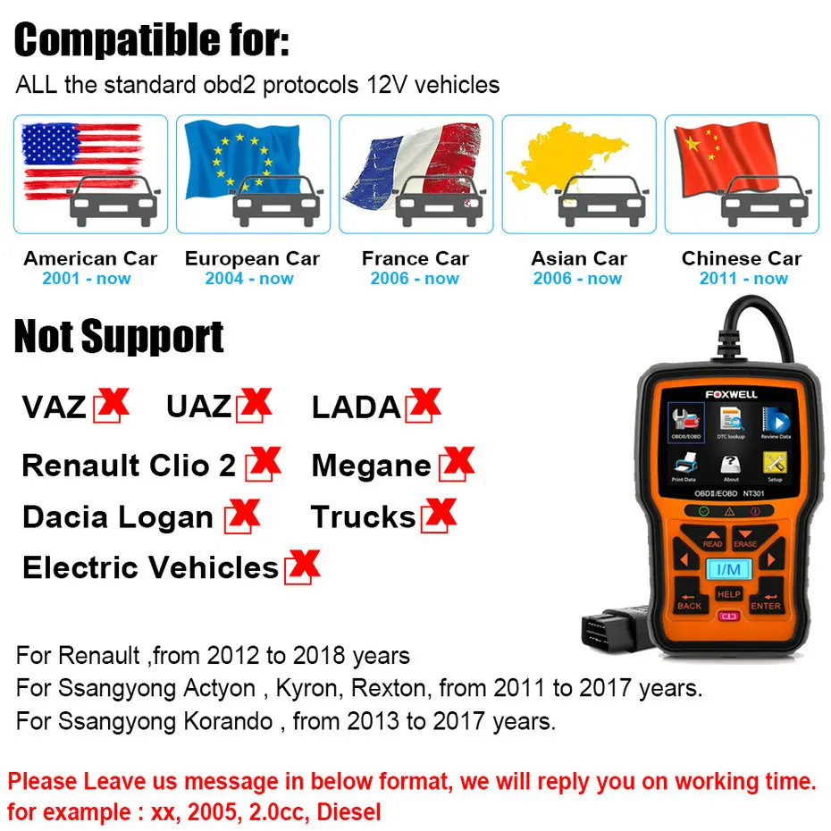 FOXWELL NT301 OBD2 сканер Профессиональный EOBD OBDII код считыватель двигателя проверка ODB2 OBD 2 Автомобильный сканер автомобильный диагностический инструмент