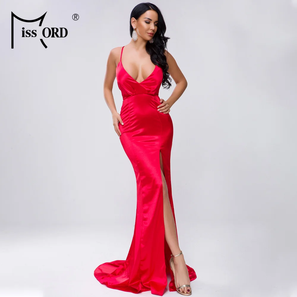

Missord 2020 Women Sexy Deep V Off Shoulder Backless Female High Split Solid Color Maxi Elegant Dress FT19458