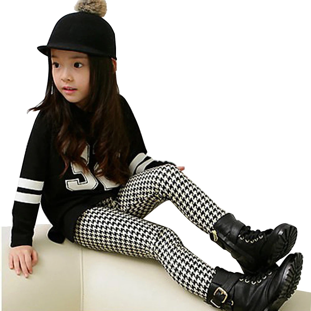 

Autumn Winter soft velvet baby leggings girls skinny leggings kids bottoms children clothes black white plaid check 3 to 10 yrs