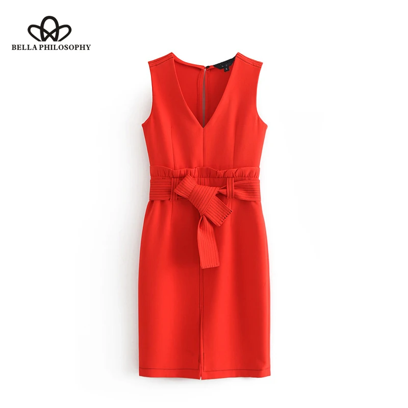 Wonder 2018 new summer elegant V neck red dress ruffled bow tie sashes sleeveless solid female office wear mini dresses vestidos