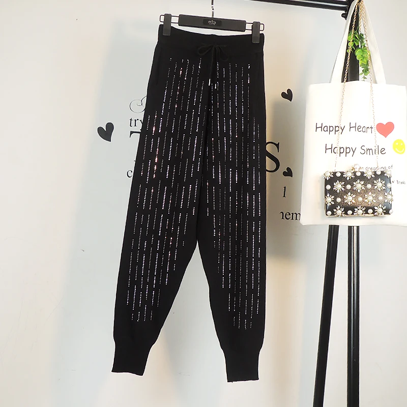 

Heavy Industry Hot Drill High Waist Casual Pants Women Loose Spring Summer Black Knitted Trousers 2019 New Lady Pants