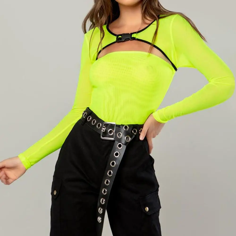 

Women Bodysuits Sexy Fluorescent Green Bookbag Buckle Long Sleeve Jumpsuit womens body suits neon bodysuit ropa mujer T#