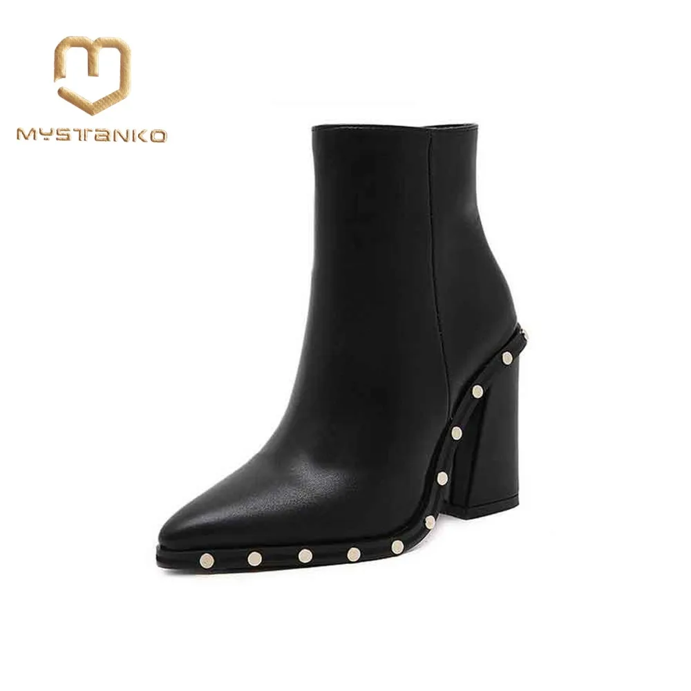 

New short boots fashion pointed rivet decorative thick with high heel Martin boots pointed smooth boots women. XZ-001