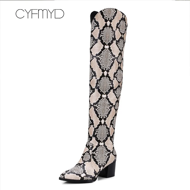 

Thigh High Boots Female Plus Size 42-43 Fashion Square Heel Snake Women Winter Boots Slip-On Cozy Over The Knee Motorcycle Boots