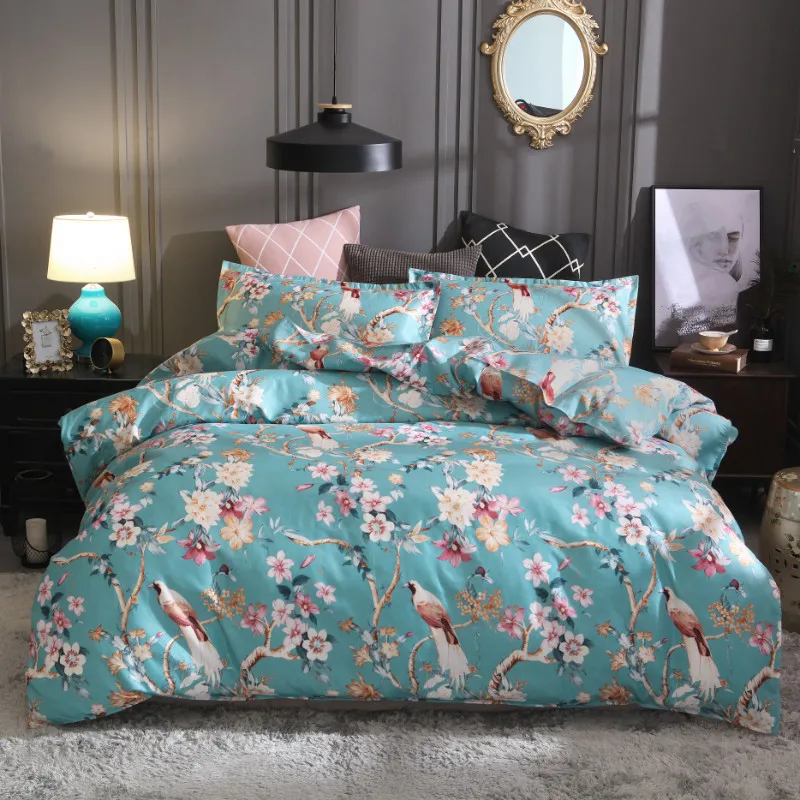 

iDouillet Flowers Birds Pattern Printed Quilt Duvet Cover and Pillowcase Set Floral Bedding Double Queen King Bedroom Home Decor
