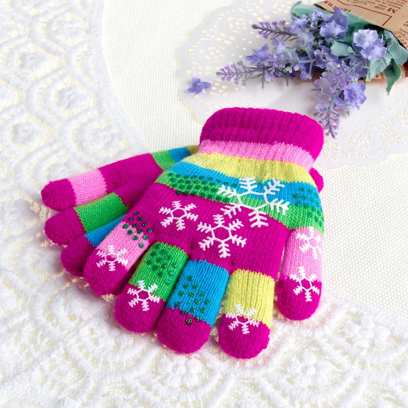 Autumn Winter Children Bilayer Thickened Snow Print Colored Yarn Knit Gloves