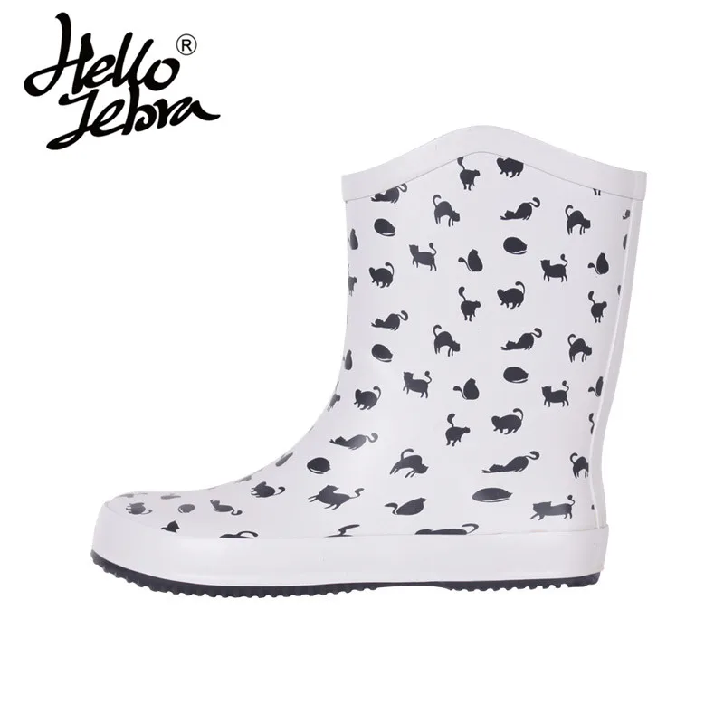 

Hellozebra Women's Buckle Flat Rain Round Toe Rubber Rainboots Size 35-40 2018 New Arrivals White Cat Cartoon Animation Boots