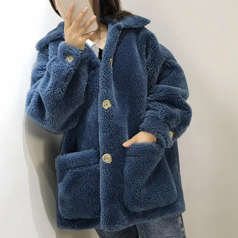 Осенне-зимняя куртка из искусственного меха ягненка, женская теплая утепленная куртка с длинным рукавом, женская Свободная куртка из овечьей шерсти, верхняя одежда, пальто с мехом для женщин, Q1724 - Цвет: Navy blue
