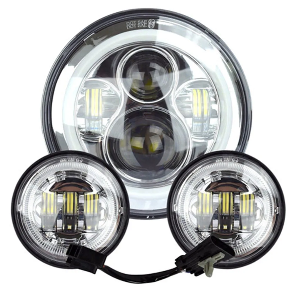 

Chrome 7" LED white DRL Halo Amber Turn Signal moto Headlight + 4.5'' Auxiliary Fog Light For Harley Touring