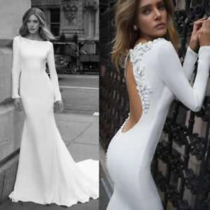

U-SWEAR 2019 Wedding Dresses Long Sleeves Boat Neck Backless Bridal Gowns Flowers Plus Size Appliques Mariage Gowns