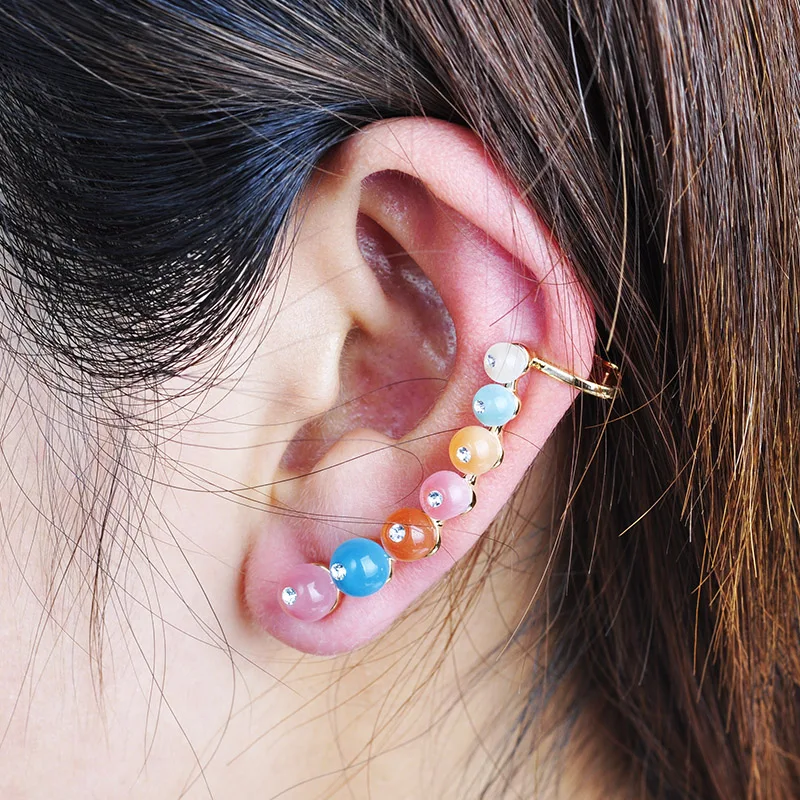 FUNMOR Seven Colorful Opal Ear Cuff Earrings Personality One Piece Stud