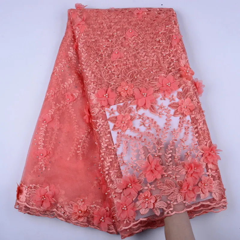 

New Style Peach French Net Lace Fabrics 3D Flowers African Tulle Mesh Lace High Quality Nigerian Lace Fabrics For Wedding S1400