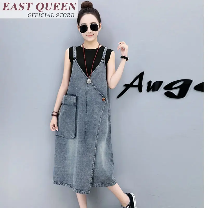 

Denim sundress female jean pinafore jumper high street dress women asymmetric dresses with pocket FF128 S