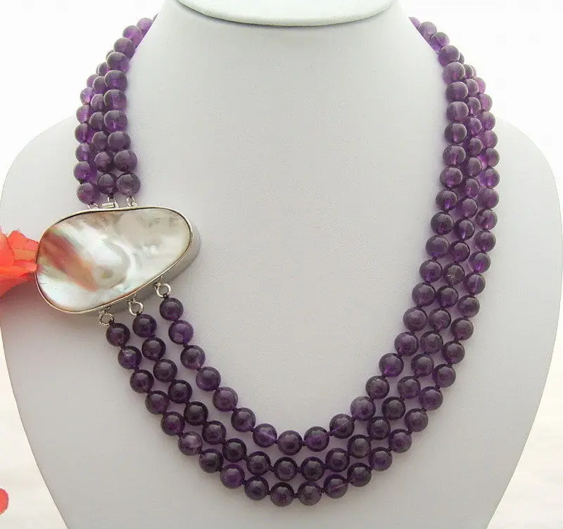 

3Strands 8MM purple Necklace-Natural Mabe Clasp