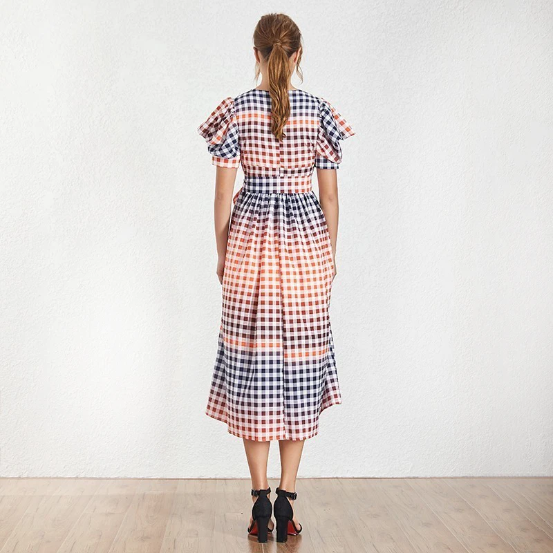 TWOTWINSTYLE-Casual-Hit-Color-Women-Dress-V-Neck-Puff-Sleeve-High-Waist-Lace-Up-Plaid-Long (2)