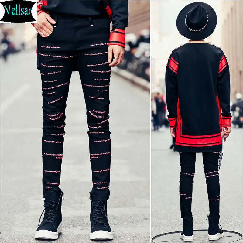 Vellsar High Street Fashion Вышивки Джинсовые Брюки Мужской Панк Хип Хоп 2017 Новый Slim Fit