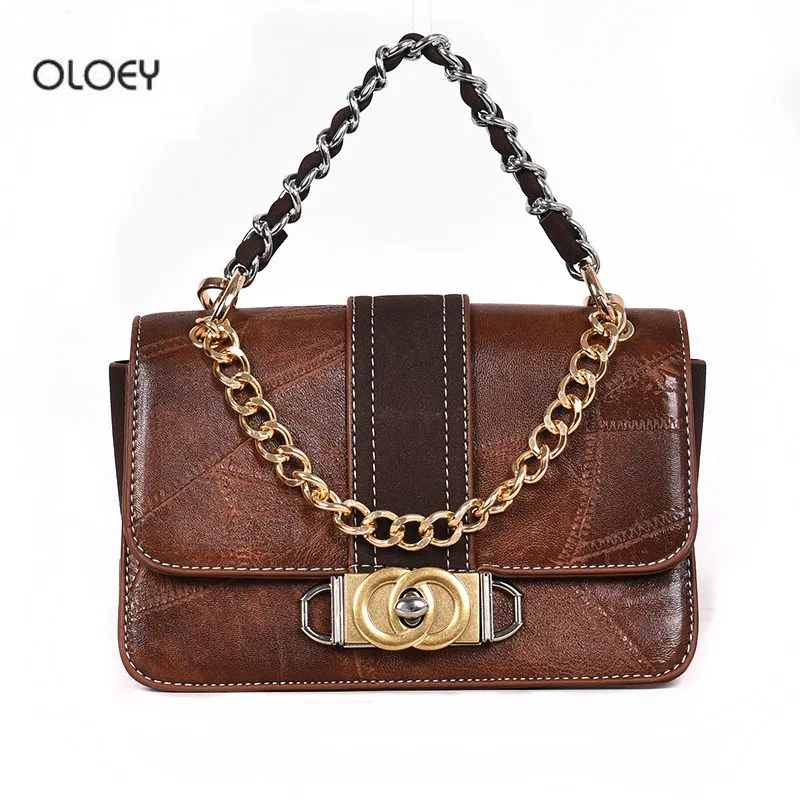 

OLOEY Autumn winter new women's chain bag Retro wild shoulder messenger bag Lock small square bag women leather handbags