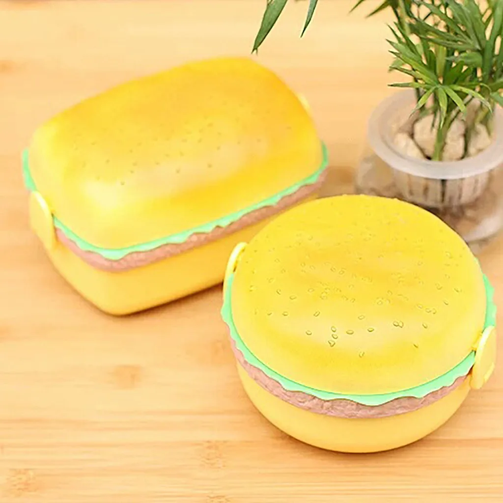 

Cute Lunch Box Hamburger Double Tier Burger Box Bento Lunchbox Children School Food Container Tableware Set with Fork Kids L4