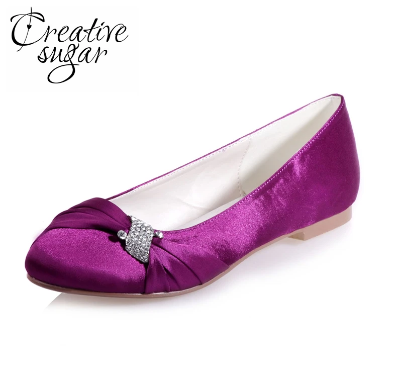 

Creativesugar Ladies elegant flats satinrhinestone knot woman's beach wedding party banquet prom shoes crystal purple white blue