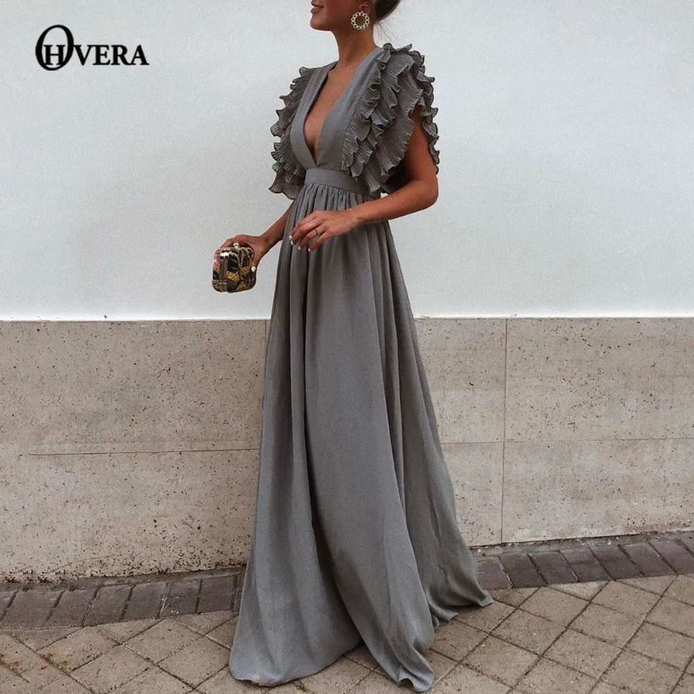 

Ohvera Chiffon Bohemian Beach Autumn Dress Women Cascading Ruffle Long Maxi Dress Eleagnt Batwing Sleeve Sexy Party Dresses 2018