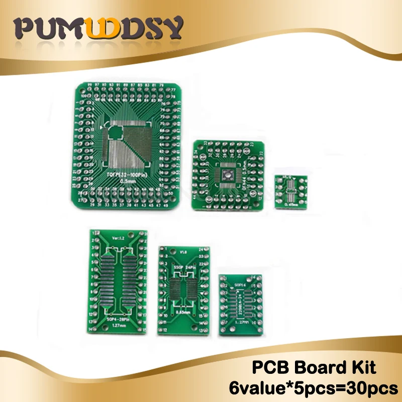 

30PCS=6value*5pcs PCB Board Kit SMD Turn To DIP Adapter Converter Plate FQFP 32 44 64 80 100 QFP QFN48 SOP SSOP TSSOP 8 16 24 28