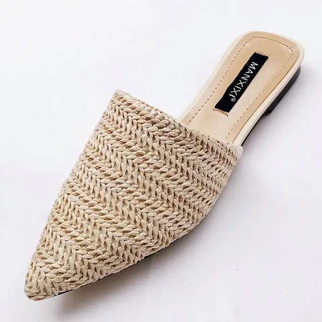 Women Slippers Pointed Toe Weave Mules Shoes Flat Slides Summer Beach Flip Flop Outside Slip On Shoes image 4