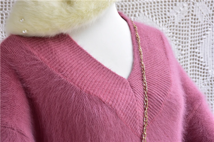 Женская мода Длинный v-образный вырез, настоящий Ангорский кролик, мех, вязаный фонарь, рукава, джемпер, пуловер платье свитер Зима
