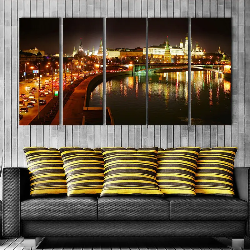 Artwork 5 Panels Wall Art Canvas Cityscape Paintings Night Scene Wall