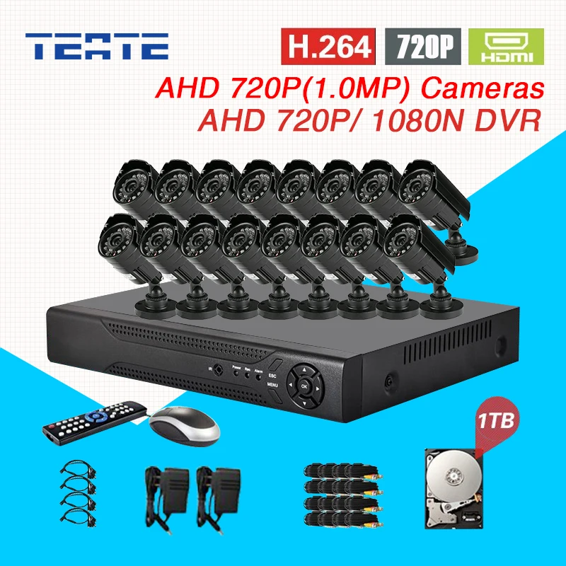 TEATE 16ch CCTV System AHD 720P 1080N DVR Security 16pc 720P video surveillance camera kit HDMI 1080P 1TB T-G16D7PB08K01H