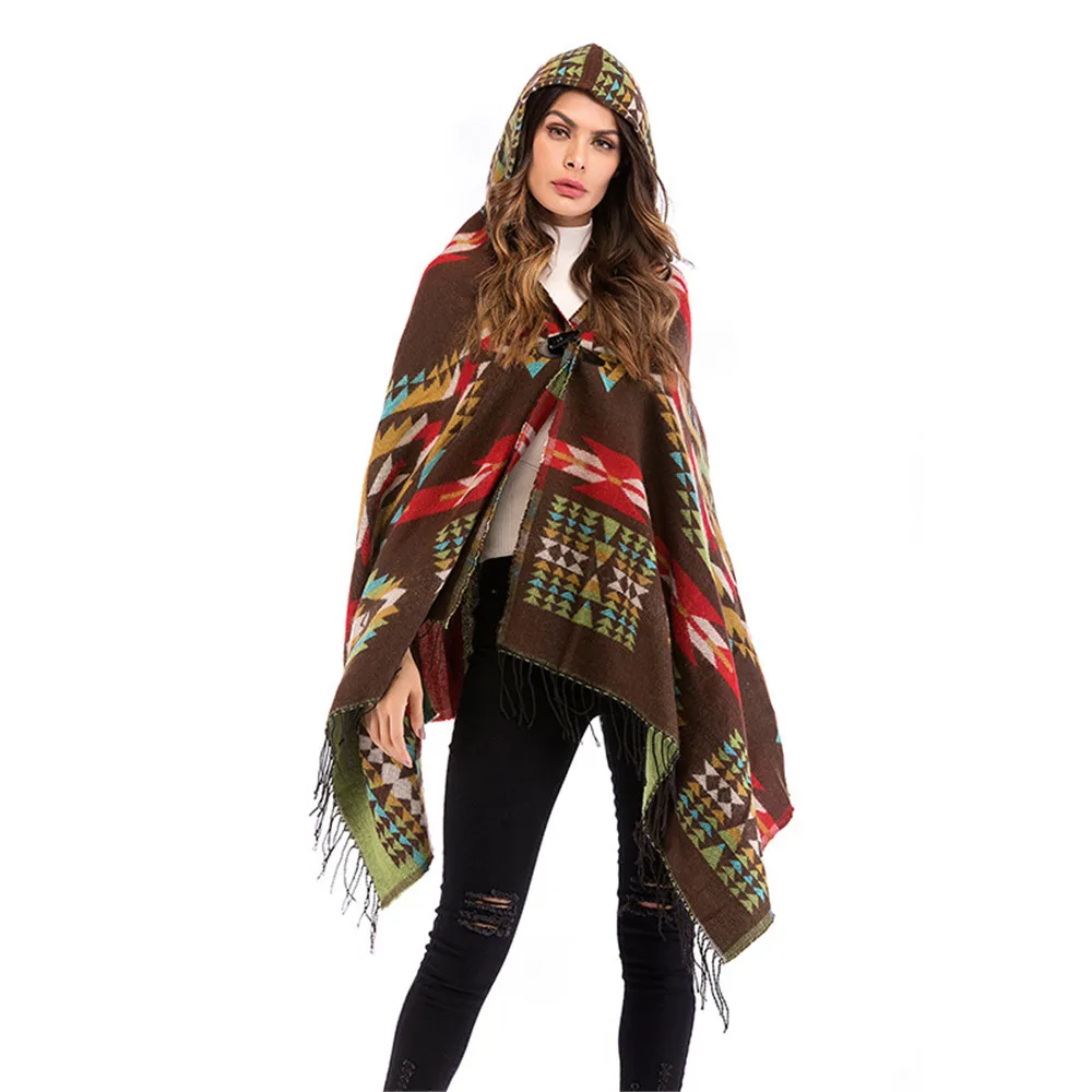 Hooded large size national wind cloak shawl geometric pattern fringed coat female