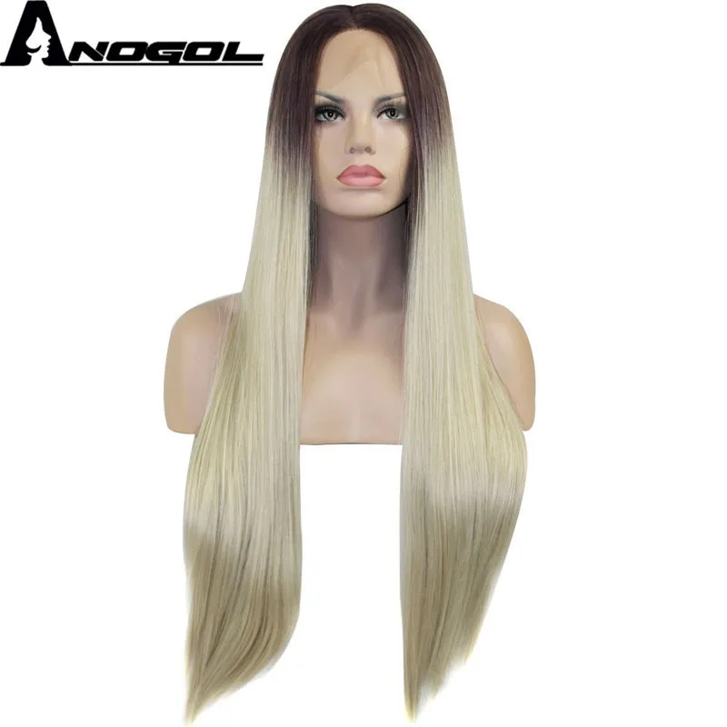 

Anogol Glueless High Temperature Fiber Hair Ombre Dark Roots Light Blonde Long Straight Synthetic Lace Front Wigs For Women