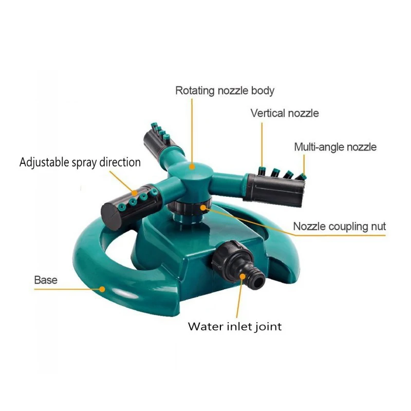 Вращающееся оросительное устройство для садовой лужайки на 360 градусов, три оружия, базовая вода, долговечный вращающийся