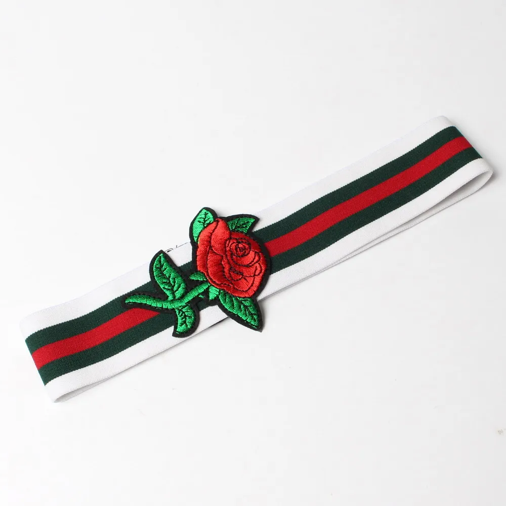 

High Quality Embroidered roses Striped Elastic Ribbed Wide Women Hairband Accessory Sport Headband